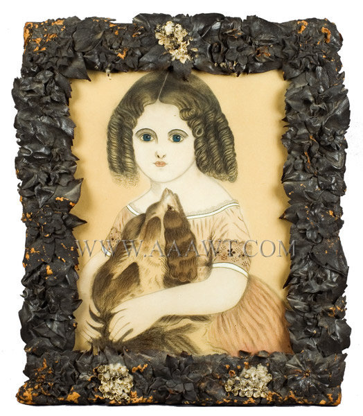 Folk Art Portrait, Little Girl with Dog, Pastel Crayon, Leather Frame
American School
19th Century, entire view